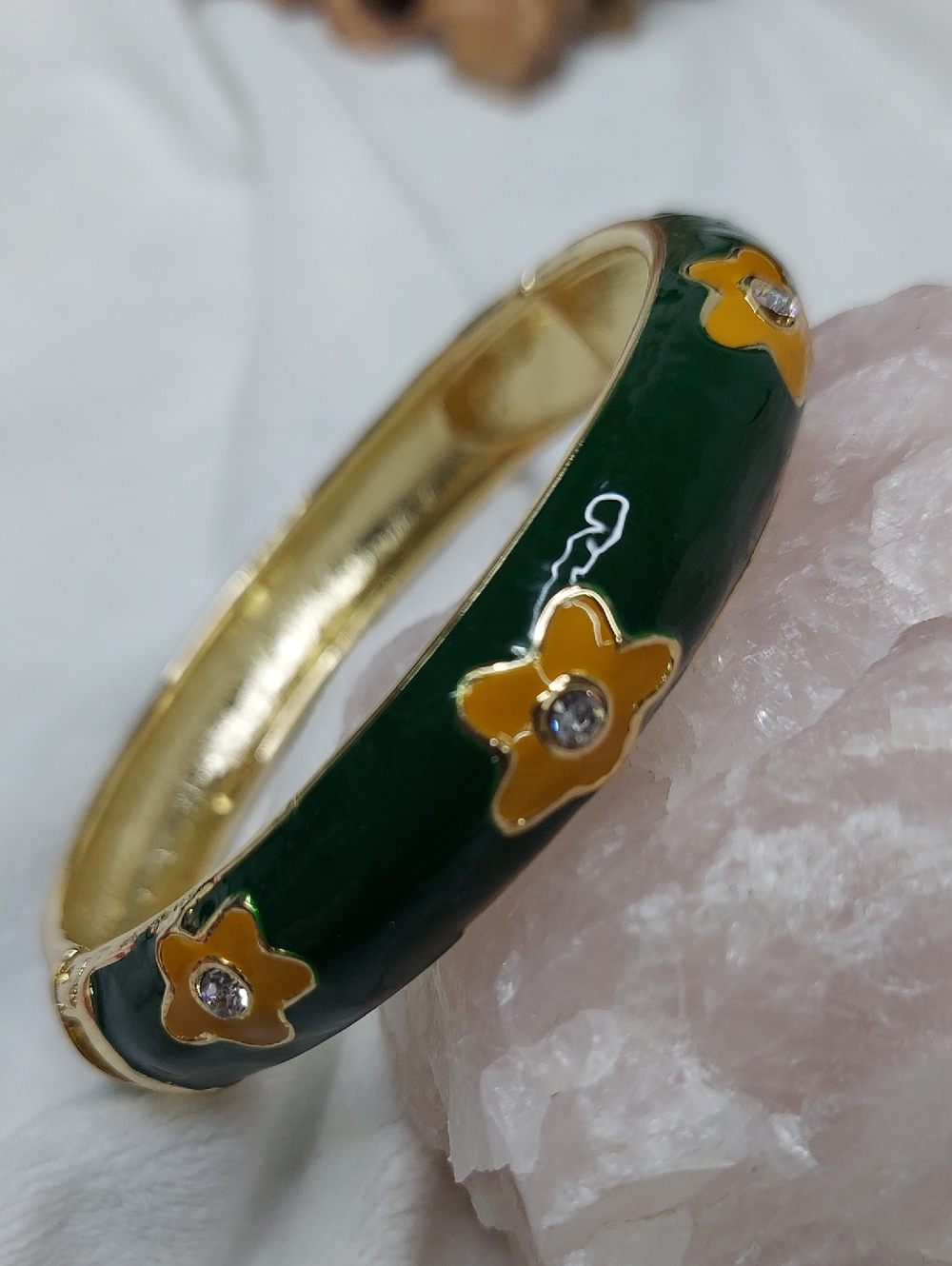 Green Enamel Flower Bangle Bracelet with Gold Accents